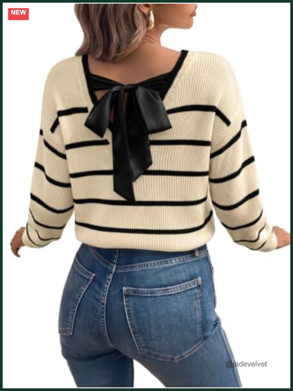 Striped Long Sleeve V-Neck Bow Knot Pullover Sweater for Women Lightweight Knit